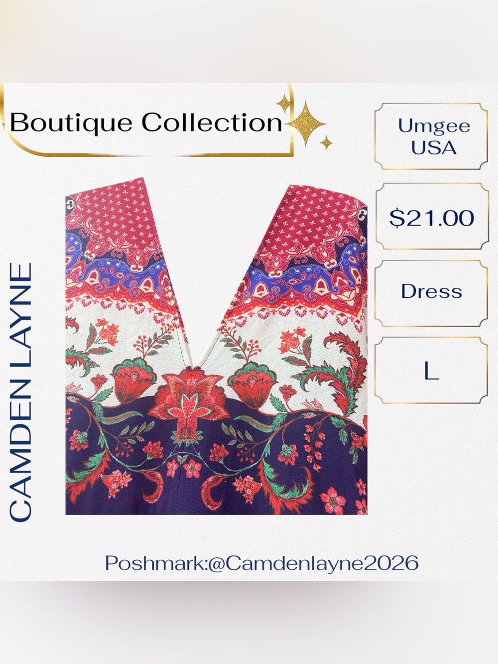 Floral V-Neck V-Back Summer Dress in Navy and White - Picture 6 of 9